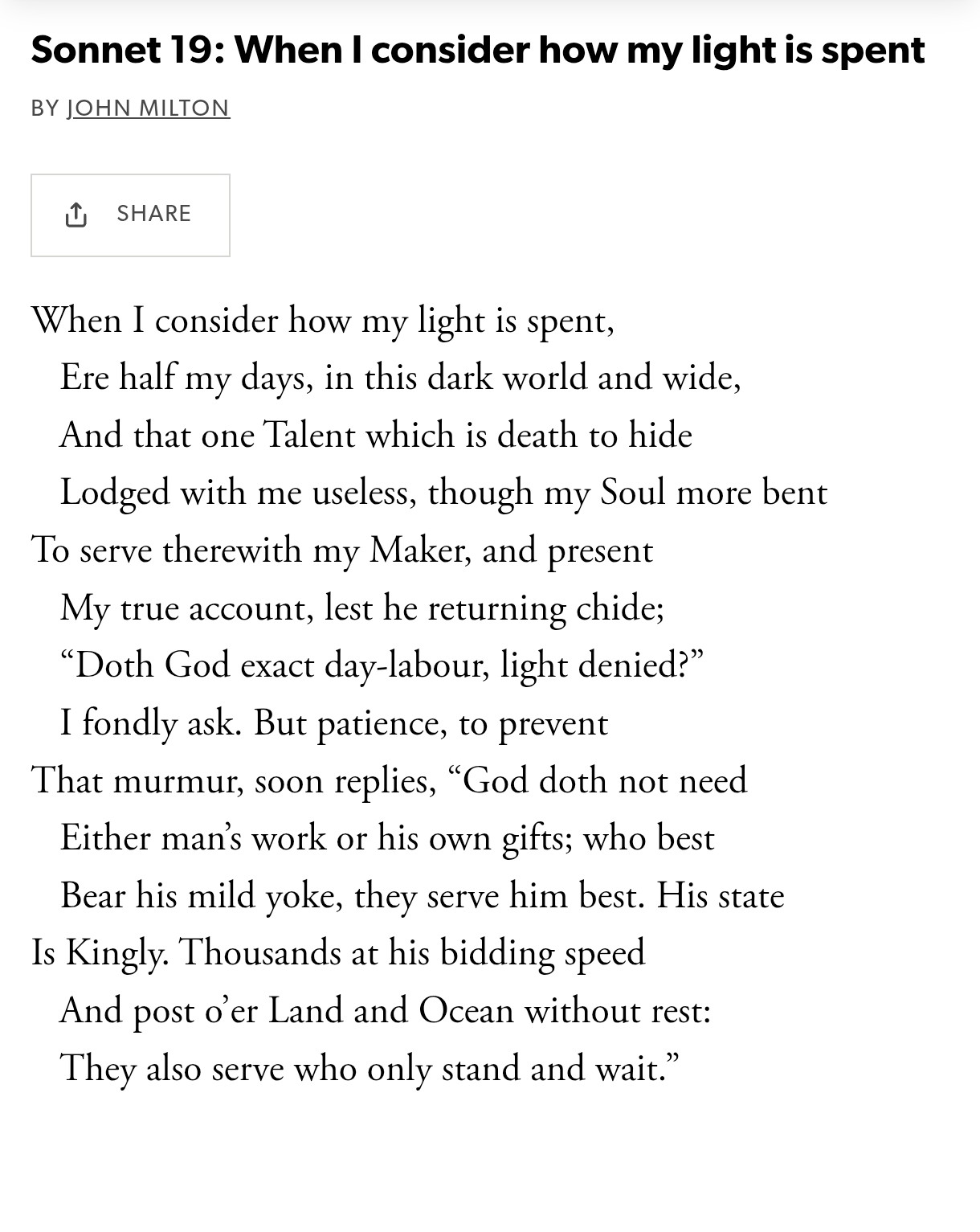 On his Blindness by John Milton
