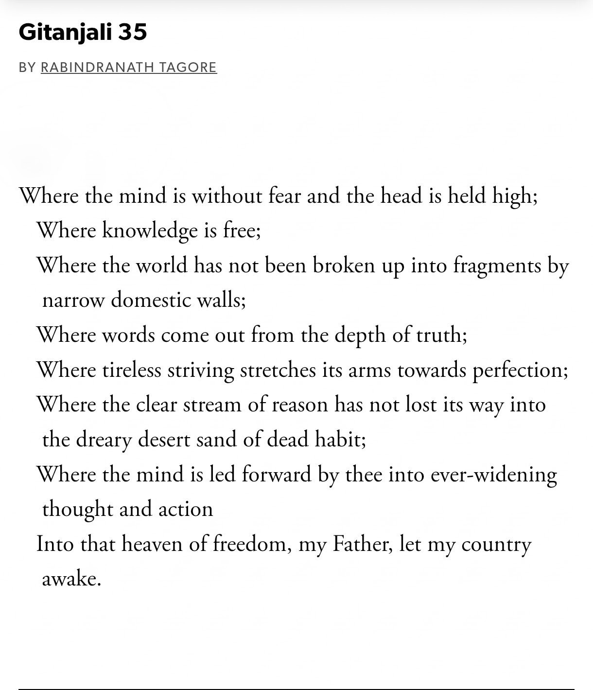 Where the mind is without fear by Rabindranath Tagore